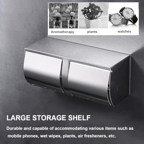 Double Toilet Paper Holder with Shelf，Large Commercial Toilet Paper Dispenser Wall Mounted Tissue Roll for Bathroom Paper Roll Holder Cat Proof Toilet Tissue Cover, Stainless Steel