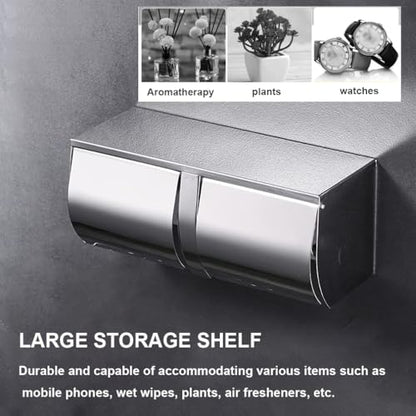 Double Toilet Paper Holder with Shelf，Large Commercial Toilet Paper Dispenser Wall Mounted Tissue Roll for Bathroom Paper Roll Holder Cat Proof Toilet Tissue Cover, Stainless Steel