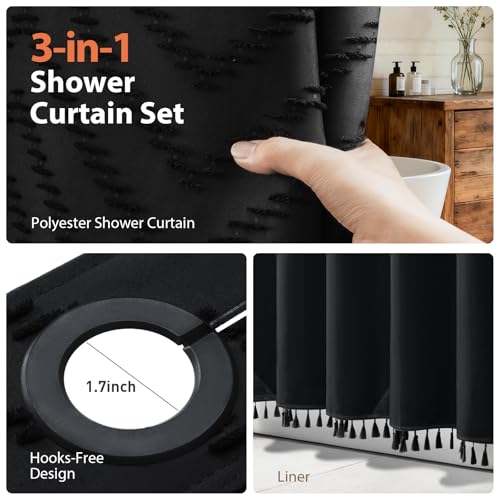 Black Hook Free Chevron Shower Curtain & Fabric Liner,72x87 | Less Time to install, 3 in 1 Fabric Shower Curtain and Liner Set with Magnets, Extra Long, Shower Curtains for Bathroom - color: A Black, size: 72"W x 87"L (Pack of 1)