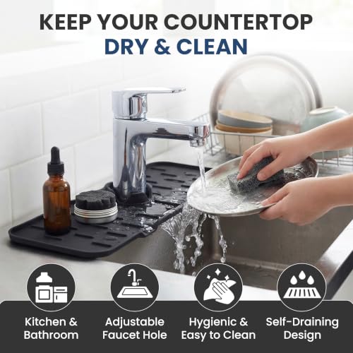 Faucet Splash Guard Mat for Kitchen Sink, Gray & Black, Set of 2 | TPR Drain Pad, Adjustable Center Hole, Self-Draining, Non-Slip, Fits 1.5"–2.5" Base