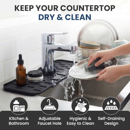 Faucet Splash Guard Mat for Kitchen Sink, Gray & Black, Set of 2 | TPR Drain Pad, Adjustable Center Hole, Self-Draining, Non-Slip, Fits 1.5"–2.5" Base