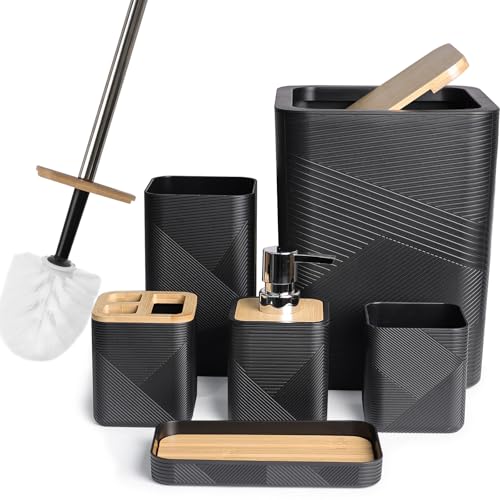 CERBIOR Bamboo Bathroom Accessories Set 6 Piece Square Spiral Set,Black | Includes Soap Dispenser, Toothbrush Holder, Toothbrush Cup, Soap Dish for Decorative Countertop and Housewarming Gift - size: Complete Set, style: Black