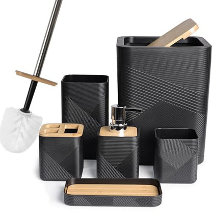 CERBIOR Bamboo Bathroom Accessories Set 6 Piece Square Spiral Set,Black | Includes Soap Dispenser, Toothbrush Holder, Toothbrush Cup, Soap Dish for Decorative Countertop and Housewarming Gift - size: Complete Set, style: Black