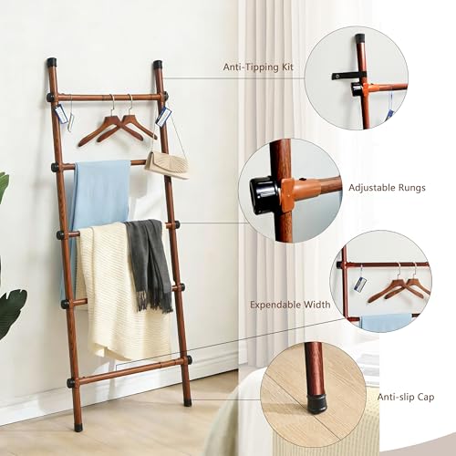SIBRAD Expandable Blanket Ladder for Living Room, Adjustable Width (17.3"-32.3") Tall Metal Quilt Rack Wall Leaning, Rustic Brown Wood Grain 5-Tier Blanket Holder, Heavy Duty 45 Lbs Capacity - color: Brown Grain