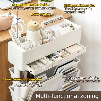 5 Tier Rolling Book Cart Multi-Functional Movable Storage Bookshelves | rolling bookshelf,Movable Storage Bookshelves with Lockable Wheels for Study Office Library Classroom, - color: Whtie