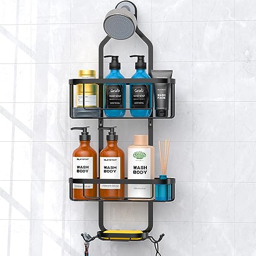 Shower Caddy Hanging, Bathroom Shower Rack, Bathroom Organizer with Soap Dish, Over The Showerhead Caddy with Hooks for Razor/Sponge, Black - color: Black