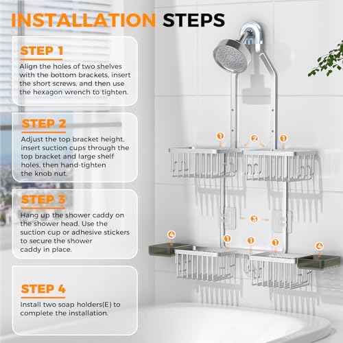 Adjustable Aluminum Shower Caddy Hanging for Handheld Showerhead, Silver | Rustproof Aluminum, Shower Organizer, Anti-Slip, Quick-Drain Shelf, 40lbs Capacity, Suction Cups, 8 Hooks, Razor Soap Holders - color: Silver