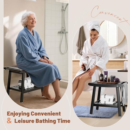 Bamboo Shower Stool Bench,Shower Chair for Inside Shower with Storage Shelf | Black,Large Storage,Ergonomic Curved Design,A-Shaped Stable Construction,Non-Slip Rubber Feet,Hold 300lbs - color: Black