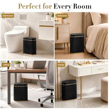 Ogikey Bathroom Small Trash Can with Automatic Touchless Lid, 2.6 Gallon Smart Garbage Can Narrow Waterproof Trash Bin for Bedroom, Office, Living Room - color: 2.6 gallon-Gold Black