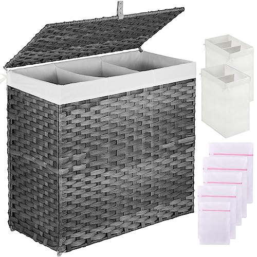 Greenstell Laundry Hamper with Lid, 125L Large Clothes Hamper with 3 Section & 2 Section Removable Liner Bags & 5 Mesh Laundry Bags, Handwoven Synthetic Rattan Divided Laundry Basket, Gray - color: Gray