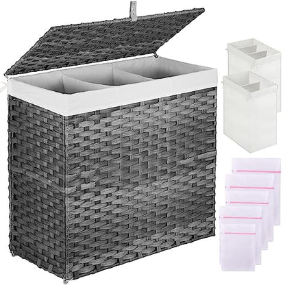 Greenstell Laundry Hamper with Lid, 125L Large Clothes Hamper with 3 Section & 2 Section Removable Liner Bags & 5 Mesh Laundry Bags, Handwoven Synthetic Rattan Divided Laundry Basket, Gray - color: Gray