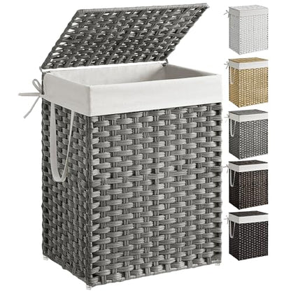 SONGMICS Laundry Hamper with Lid, 23.8 Gallon (90 L) Synthetic Rattan Clothes Laundry Basket with Lid and Handles, Foldable, Removable Liner, Dove Gray ULCB51WG - color: Dove Gray, size: 90 L