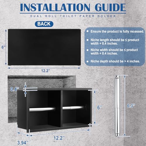 Recessed Dual Roll Toilet Paper Holder 304 Stainless Steel Hidden in-wall with Storage Durable Tissue Roll Holder Heavy Duty Space Saving Design for Modern Bathrooms and Remodel(Black) - color: Black