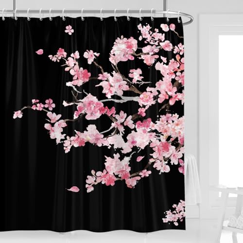 Extra Long Floral Shower Curtain, Japanese, 12 Hooks, 72" W x 84" L | Black Pink Sakura Pattern, Gothic Cherry Blossom Art, Romantic Nature Style, Cute Girly Aesthetic, XL Large Bathroom Decor - color: Pink Black, size: 72"W x 84"L (Pack of 1)