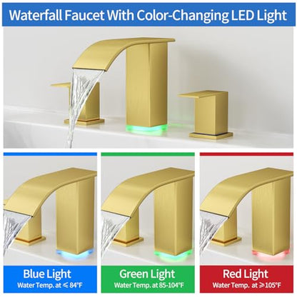 RUMOSE LED Bathroom Faucets Set 3 Hole Vanity Faucet with Pop Up Drain | Brushed Gold Bathroom Sink Faucet, Widespread Waterfall, 3 Colors Light Changing, Stainless Steel, Deck Mounted - color: Brushed Gold