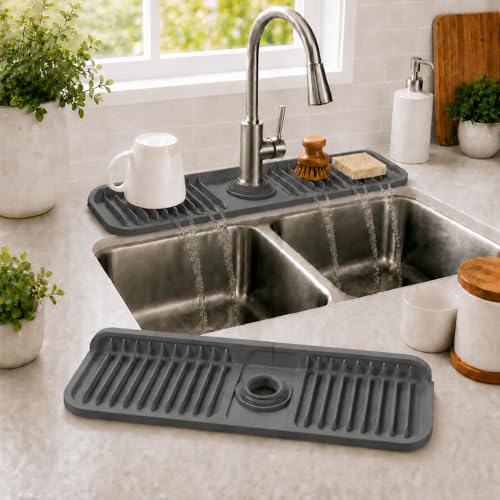 17.7" Silicone Faucet Mat for Kitchen Sink,7° Draining Mat with Snap Button Lock,Faucet Splash Guard and Sink Counter Organizer,Trim-to-Fit Kitchen Faucet Protector for Sponge Brush Cup - color: Dark Gray, size: 17.7" x 17.7"