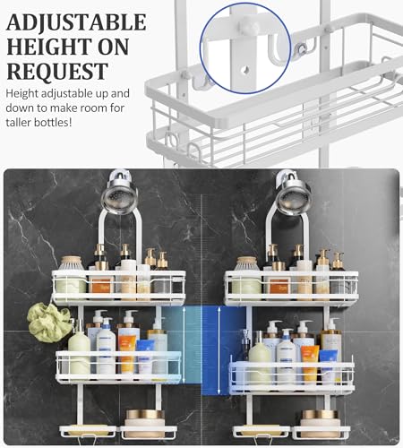 OMAIRA Shower Caddy Hanging with Soap Scrub Holder, Stainless Steel Adjustable No Drilling Non-Slip Large Capacity Sturdy Over Shower Head Shower Organizer Inside Shelves Bathroom Storage Rack, White - color: White