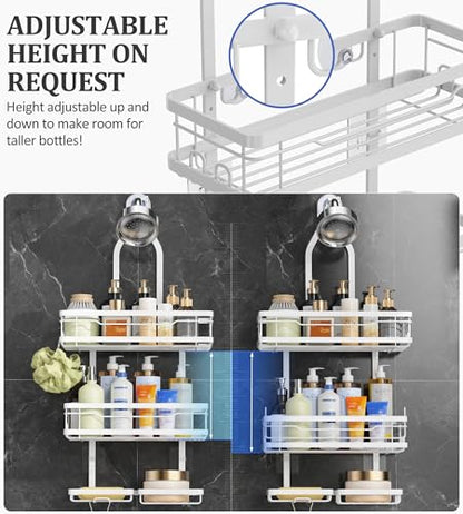 OMAIRA Shower Caddy Hanging with Soap Scrub Holder, Stainless Steel Adjustable No Drilling Non-Slip Large Capacity Sturdy Over Shower Head Shower Organizer Inside Shelves Bathroom Storage Rack, White - color: White