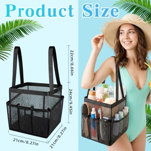 Mesh Shower Caddy, Portable Black Beach Tote Bag for Bathroom Dorm Essentials, Quick Dry Toiletry Organizer Large with 2 Handles 9 Pockets for Swim Pool Gym College Camp Travel Women Men Basket Bag
