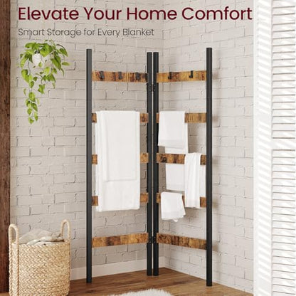 Foldable Blanket Ladder, 5-Tier Ladder Shelf, Decorative Ladder with 5 Removable Hooks, Wall-Leaning Blanket Holder for Towel, Scarves, Quilt Display Rack for Living Room, Rustic Brown