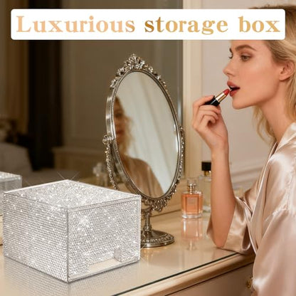 Bling Stackable Cosmetic Organizer with Silver Rhinestones, Glitter Acrylic Drawer, Shiny Plastic Organizer for Dresser, Vanity,Pantry, Home Organization and Storage