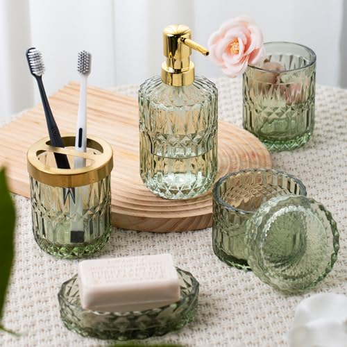 Bathroom Accessory Set 5 Pcs, Glass Bathroom Set Include Soap Dish, Toothbrush Holder, Mousewash Cup, Soap Dispenser, Cotton Swab Jar, Green - color: Green, style: 5 Pack