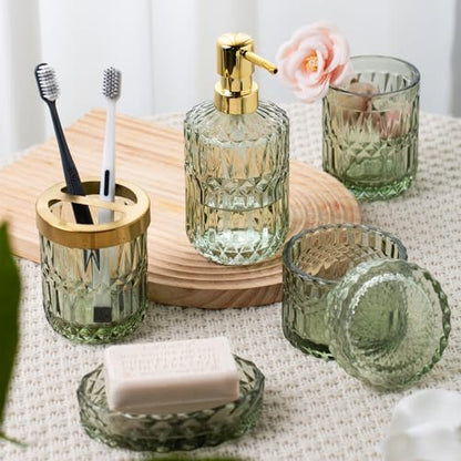 Bathroom Accessory Set 5 Pcs, Glass Bathroom Set Include Soap Dish, Toothbrush Holder, Mousewash Cup, Soap Dispenser, Cotton Swab Jar, Green - color: Green, style: 5 Pack