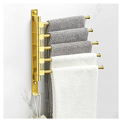 ZHOUXIAO Gold Swing Out Towel Bar Holder/Gold Finish Swivel Multiple Towel Rack for Bathroom or Kitchen, Metal Towel Bar Folding Arm Swivel Hanger Bathroom Storage Wall Mount 5Bars