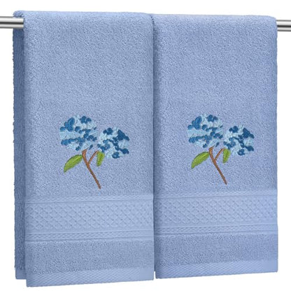 SmoothNovelty 2 Pcs Hydrangea Hand Towels Blue Hydrangea Floral Bathroom Decor 14x29 Inch Embroidered 100% Cotton Soft Absorbent Spring Summer Decorative Flowers Hand Towels for Bathroom Kitchen - style: Hydrangea Floral