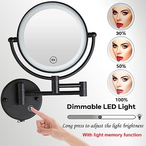 Wall Mounted Magnifying Makeup Mirror, 5X, Light, Matt Black, Rechargeable | Brass Extended Arm, 360 Rotation 8" Shaving Vanity for Bathroom, No Pre-Installed Wire, SEALANT FIX