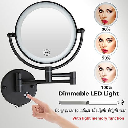 Wall Mounted Makeup Mirror with Light, 5X Magnification, Matte Black | Rechargeable, Extended Arm 360 Rotation,1X/5X, 2 Sided, 8" Bathroom Shaving Vanity, No Pre-Installed Wire, SEALANT FIX - color: Matt Black