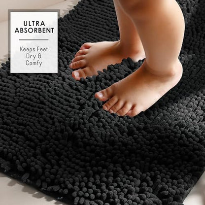 Hearth & Harbor Bathroom Rugs, Chenille Bath Mat - Machine Washable Bath Mats for Bathroom Non-Slip Backing Rubber, Quick Dry Bathroom Mat - color: Black, style: 17 x 24