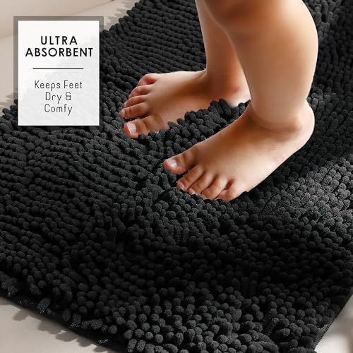 Hearth & Harbor Bathroom Rugs, Chenille Bath Mat - Machine Washable Bath Mats for Bathroom Non-Slip Backing Rubber, Quick Dry Bathroom Mat - color: Black, style: 20 x 32