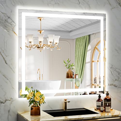 40x36 Inch LED Bathroom Mirror with Lights Front and Backlit Lighted Vanity Mirror for Bathroom Wall with 3 Colors Dimmable Anti-Fog Memory Shatter-Proof IP54 Waterproof Horizontal/Vertical - color: Backlit+front Lit, size: 40"L x 36"W