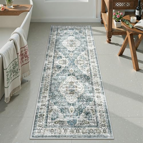 Uphome Bathroom Rugs Runner, Distressed Farmhouse Boho Blue Bath Mat, Non Slip Washable Long Bath Rugs, Vintage Traditonal Soft Velvet Bathroom Runner for Bathtub Sink Shower, 20x60 inch - color: Blue, size: 20 x 60 inch (Rectangular)