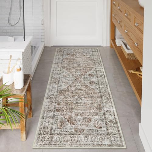 Uphome Bathroom Runner Rug, Distressed Tribal Farmhouse Khaki Bathroom Mat, Large Bathroom Rugs Non Slip Washable, Oriental Retro Boho Bath Mat Runner for Bathtub Sink Hallway, 24x59 inch - color: Khaki/Red Brown, size: 24 x 60 inch (Rectangular)