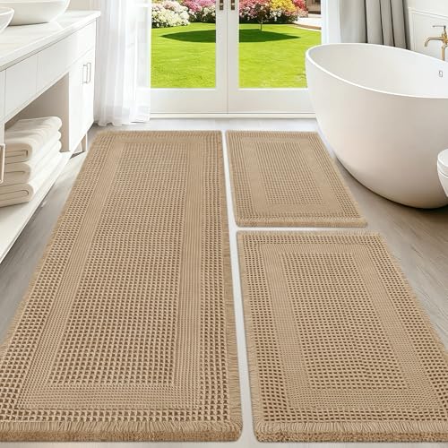Upgraded Waffle Bath Mat Set 3 Piece Beige-Looped, Super Absorbent Non-Slip Quick Dry Bathroom Rugs with Tassels, Machine Washable Ultra Soft Boho Bath Rugs for Floor, Toilet Mats Boho Farmhouse Decor - color: Beige, size: 48"x24"+36"x24"+24"x17"