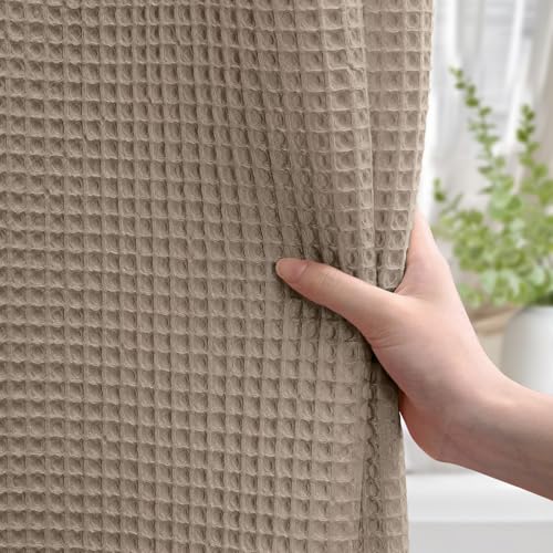 Extra Long Waffle Shower Curtain Heavyweight Cotton Fabric Beige 72Wx84L | Soft Cotton Cloth,3D Square Truely Waffle Washable, Hotel Luxury Spa, Shower Curtain Set for Bathroom 12 Plastic Hooks - color: Beige, size: Extra Long 72"W x 84"L