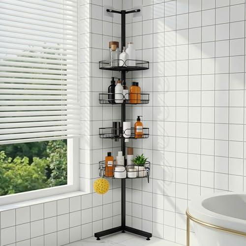 Standing Shower Caddy Corner, 4-Tier Adjustable Height Bathroom Organizer, 6-Section Pole, Sturdy Floor Standing Shelf for Shower – No Drilling, No Spring Tension - color: Black