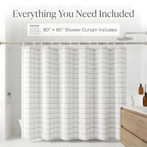 304 Stainless Steel Shower Curtain Rod, Adjustable Telescopic Tension Rod, Rustproof Bathroom Rod, No Drilling Expandable Curtain Rod 42–78 Inch – Brushed Nickel + 80“ x 80” Shower Curtain - color: Brushed Nickel, size: 42"–78"