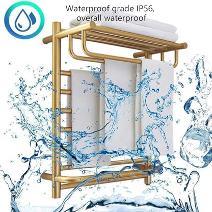 Heated Towel Racks for Bathroom Gold, Gold Towel Warmer Rack Wall Mounted with Top Shelf, Timer & Temperature Control Electric Towel Drying Rack (14 Bars with Top Shelf Brushed Gold A, Plug-in) - color: 14 Bars With Top Shelf Brushed Gold a, size: Plug-in