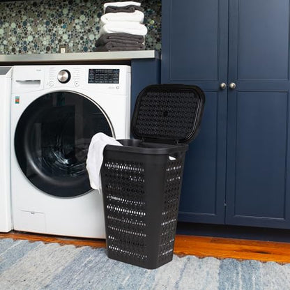 Mind Reader Slim Tapered Laundry Hampers with Lid, Clothes Basket with Swiss Cross Cut-Outs, Lightweight & Ventilated, Plastic, Set of 2, Black - color: Black