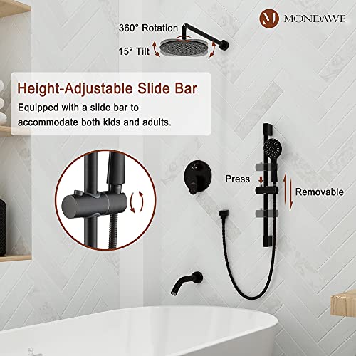 MONDAWE 9 Inch Wall Mounted Shower Faucet Set with Tub Spout in Oil Rubbed Bronze, Rainfall Shower Head with 3-Setting Handheld Spray Shower Combo, High Pressure Shower System with Solid Brass Valve - color: Oil Rubbed Bronze, style: 9 IN - With Tub Spout