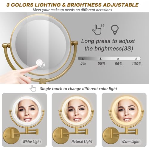 8" Lighted Make up Mirror Wall Mounted 10X Magnifying Hardwired | Double Side 3 Color Lighting Touch Dimming, Bathroom 360 Swivel Extended Arm Light up Vanity Shaving, Brushed Antique Brass - color: Antique Brass