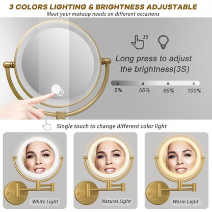 8" Lighted Make up Mirror Wall Mounted 10X Magnifying Hardwired | Double Side 3 Color Lighting Touch Dimming, Bathroom 360 Swivel Extended Arm Light up Vanity Shaving, Brushed Antique Brass - color: Antique Brass