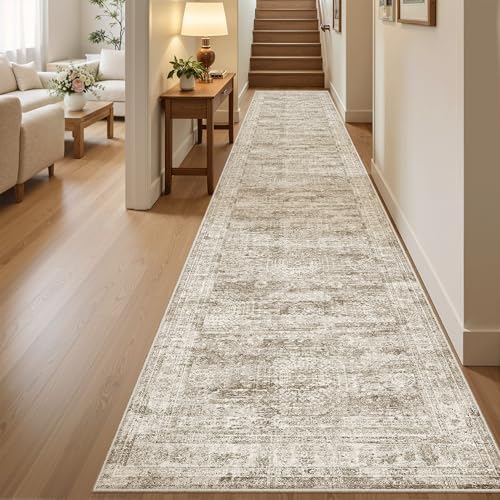 Soalmost Hallway Runner Rug 2'6" x 12' Washable Long Kitchen Rugs Brown | Non-Slip Vintage Runners 2.5x12ft for Bathroom Entryway, Thin Low-Pile Foldable Floor Carpet Mat 12 ft for Corridor Bedroom - color: Brown, size: 2'6" x 12' (Runner)