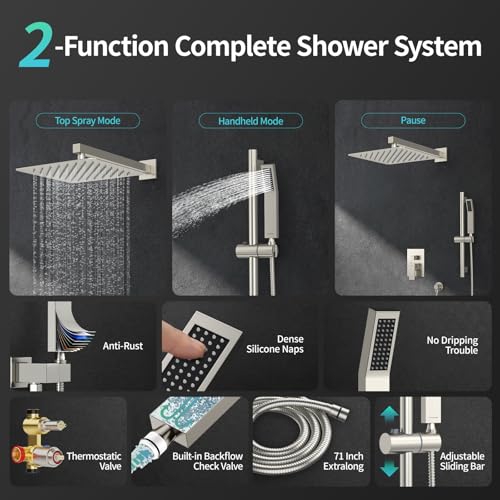 SR SUN RISE 12 Inch Square Shower System with Slide Bar,Brushed Nickel | Rain Head and Handle System,16" Adjustable Shower Slide Bar,Soild Brass,Wall Mount,Included Valve and Trim Kit - color: Brushed Nickel, size: 12 Inch