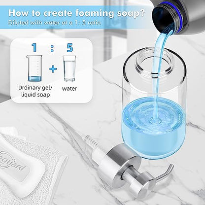 2 Pack Glass Foam Soap Dispenser Set, 15 Oz Rust-Proof Stainless Steel Pump, with Waterproof Labels for Kitchen & Bathroom Countertop, Hand and Dish Soap - color: 2 Pcs With Label