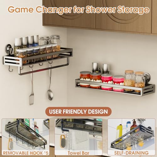 Suction Cup Shower Caddy with 5 Hooks & Towel Rrack 11.8inch Grey | No Drilling Shower Organizer with Large Capacity, Rust-resistant Bathroom Organizer, Heavy Duty Shower shelves for Bathroom - size: 11.8 inches