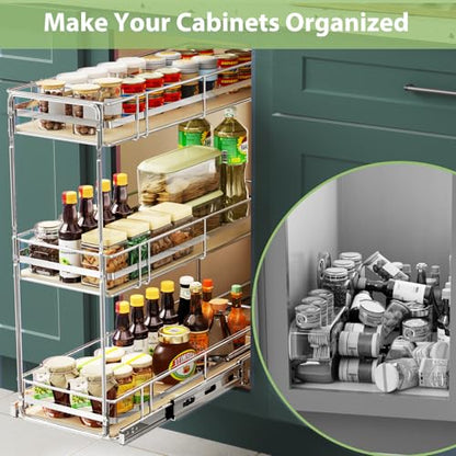 Pull Out Spice Rack Cabinet Organizer 7" W x 20½" D, 3 Tier Heavy Duty Slide Out Wood Shelf for Narrow Cabinet, Pull Out Storage for Kitchen - size: 7" W x 20½" D